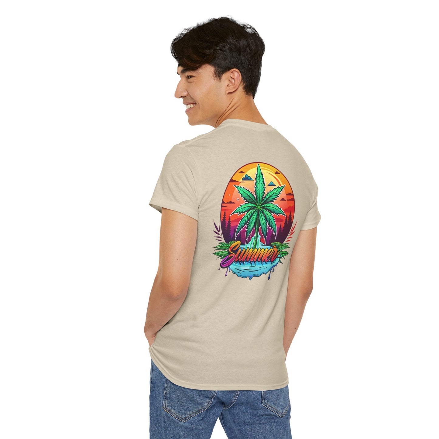 Summer Cannabis Leaf T-Shirt – Retro Tropical Sunset Tee Both