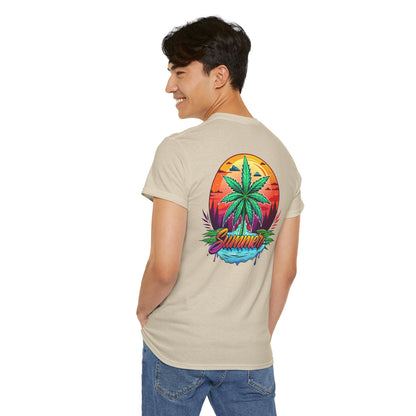 Summer Cannabis Leaf T-Shirt – Retro Tropical Sunset Tee Both