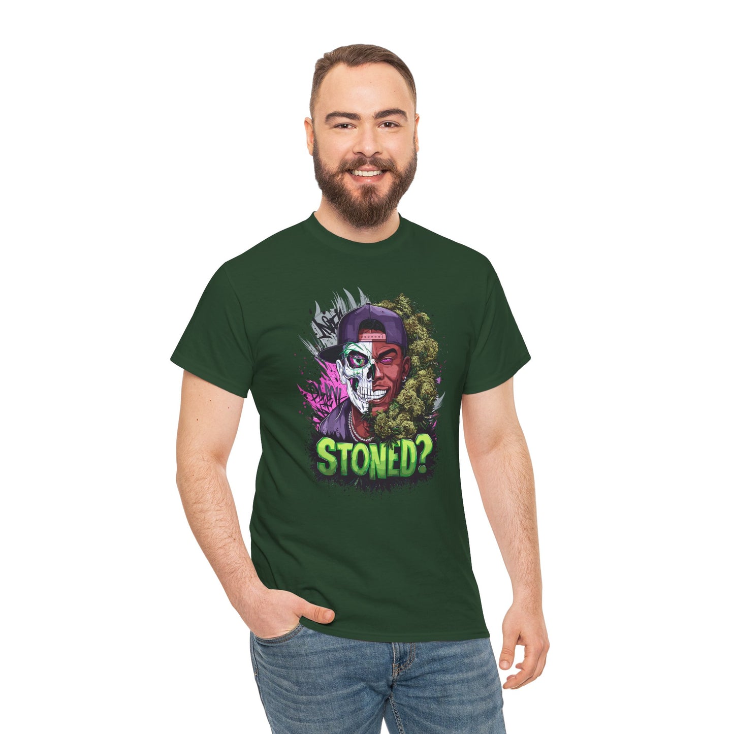 T-Shirt — 'Stoned?' Skull Face Graphic Tee for Cannabis Lovers