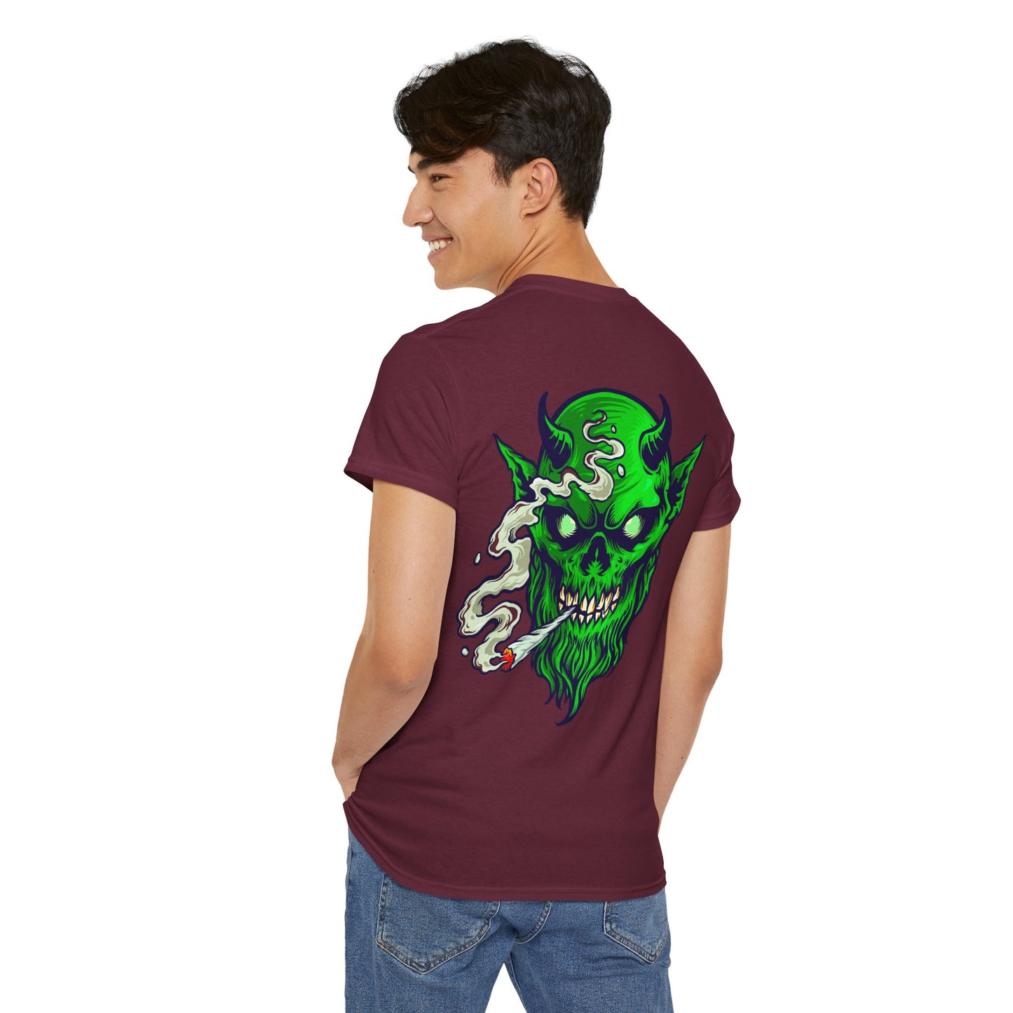 Smoking Green Demon Skull T-Shirt — Creepy Stoner Graphic Tee