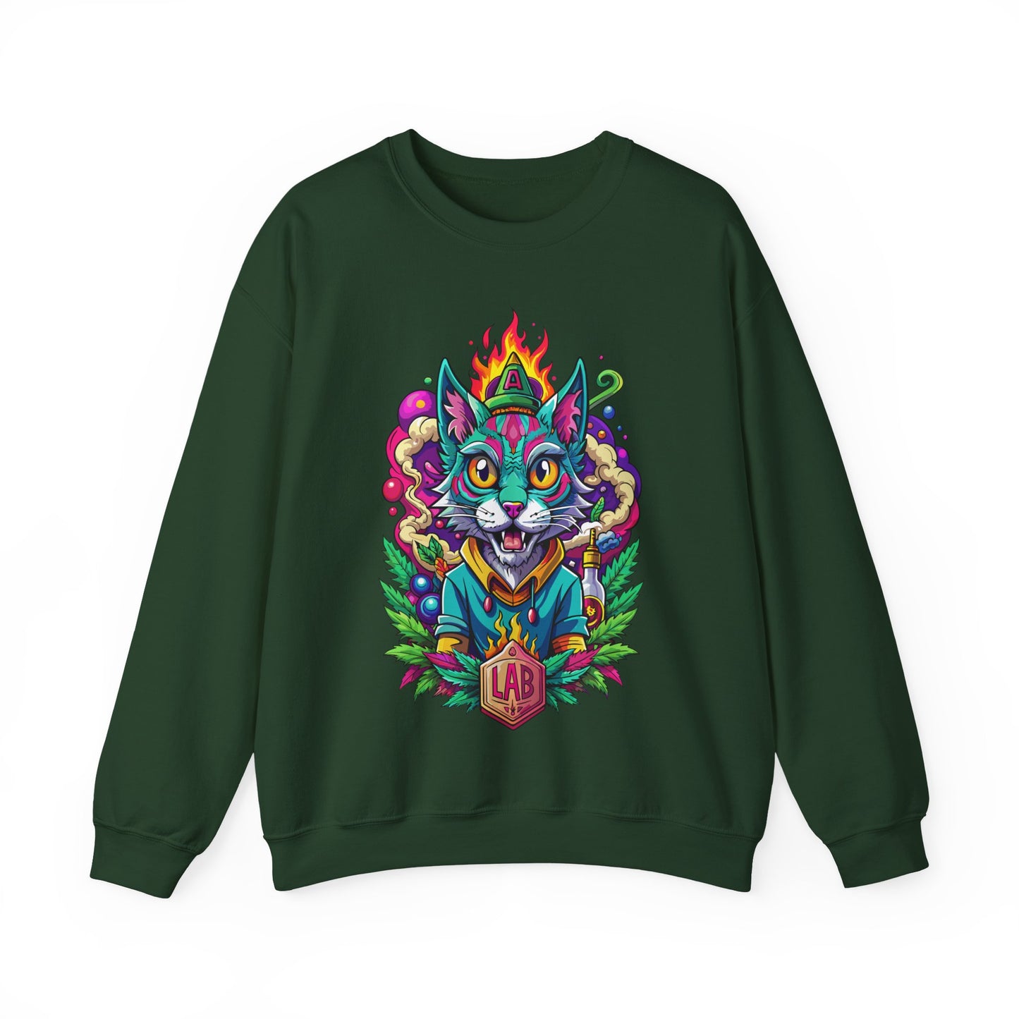 Psychedelic Flame Cat Graphic Sweatshirt — Colorful Trippy Cat Design