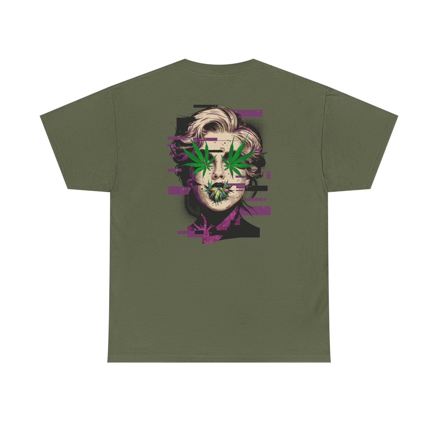 Vintage Portrait Tee — Glitch Art Face with Cannabis Leaf Mask