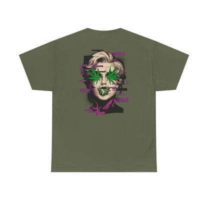 Vintage Portrait Tee — Glitch Art Face with Cannabis Leaf Mask