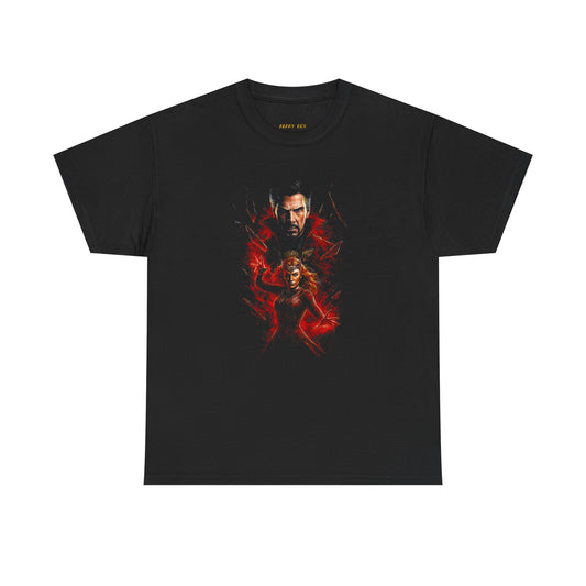 Graphic Tee — Dark Sorcerer & Enchanted Woman Red Flame Design