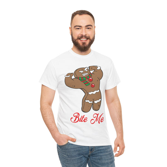 Funny Gingerbread Man Christmas T-Shirt - "Bite Me" Holiday Tee White