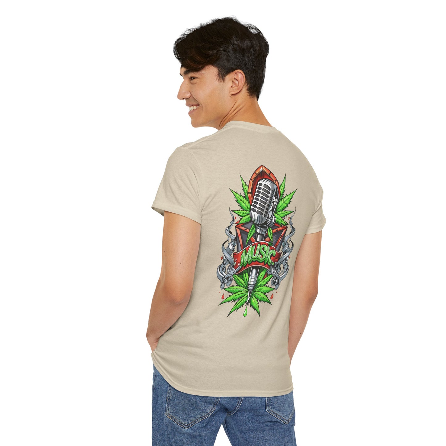 Music Microphone Tee — Retro Mic & Leaf Graphic T-Shirt
