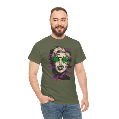 Vintage Portrait Tee — Glitch Art Face with Cannabis Leaf Mask