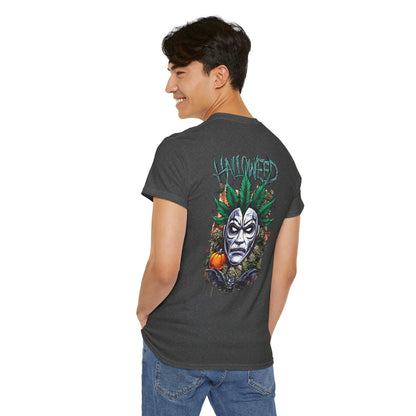 Hallowed Harvest Tee — Halloween Mask & Pumpkin Graphic T-Shirt