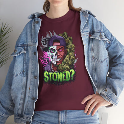 T-Shirt — 'Stoned?' Skull Face Graphic Tee for Cannabis Lovers
