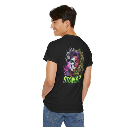 T-Shirt — 'Stoned?' Skull Face Graphic Tee for Cannabis Lovers