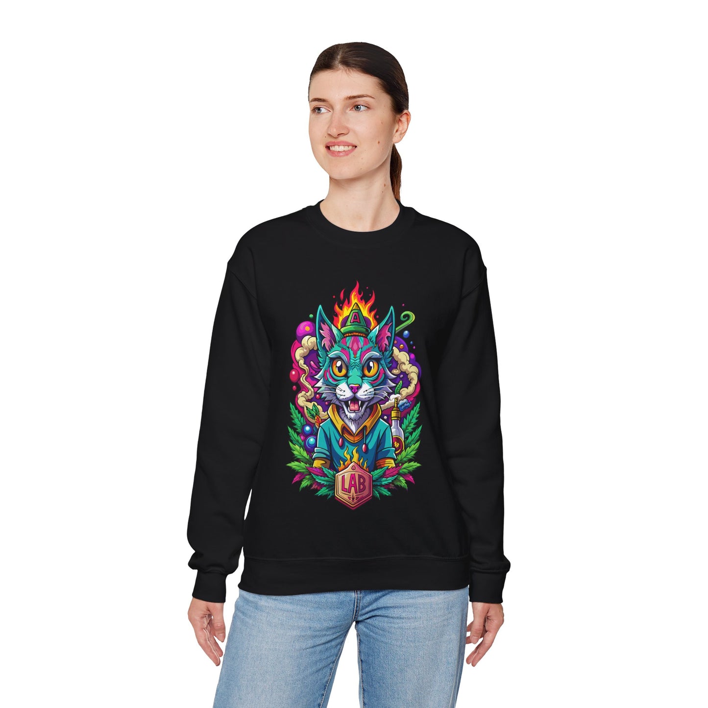 Psychedelic Flame Cat Graphic Sweatshirt — Colorful Trippy Cat Design