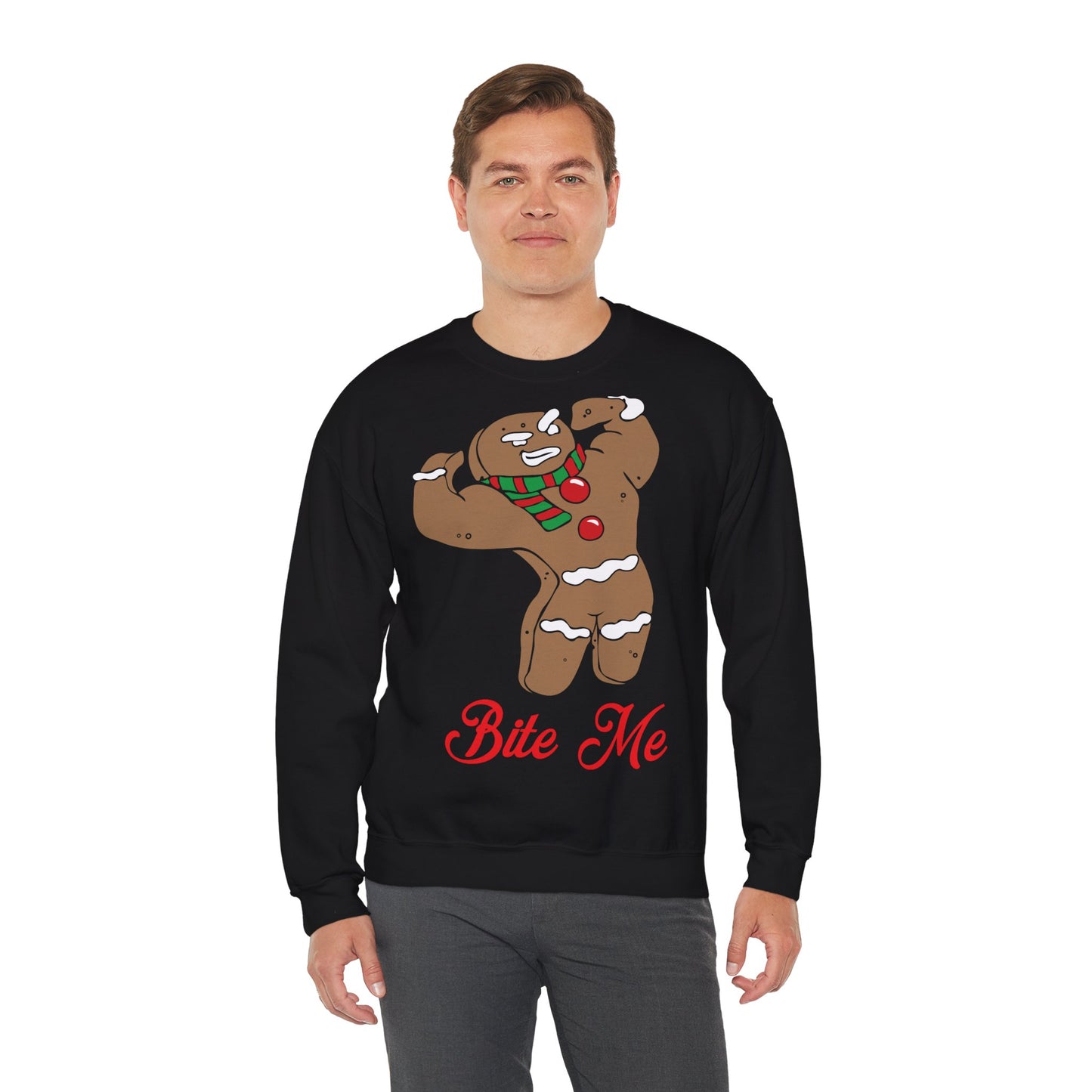 Funny Gingerbread Crewneck Sweatshirt - "Bite Me" Holiday Sweatshirt Black