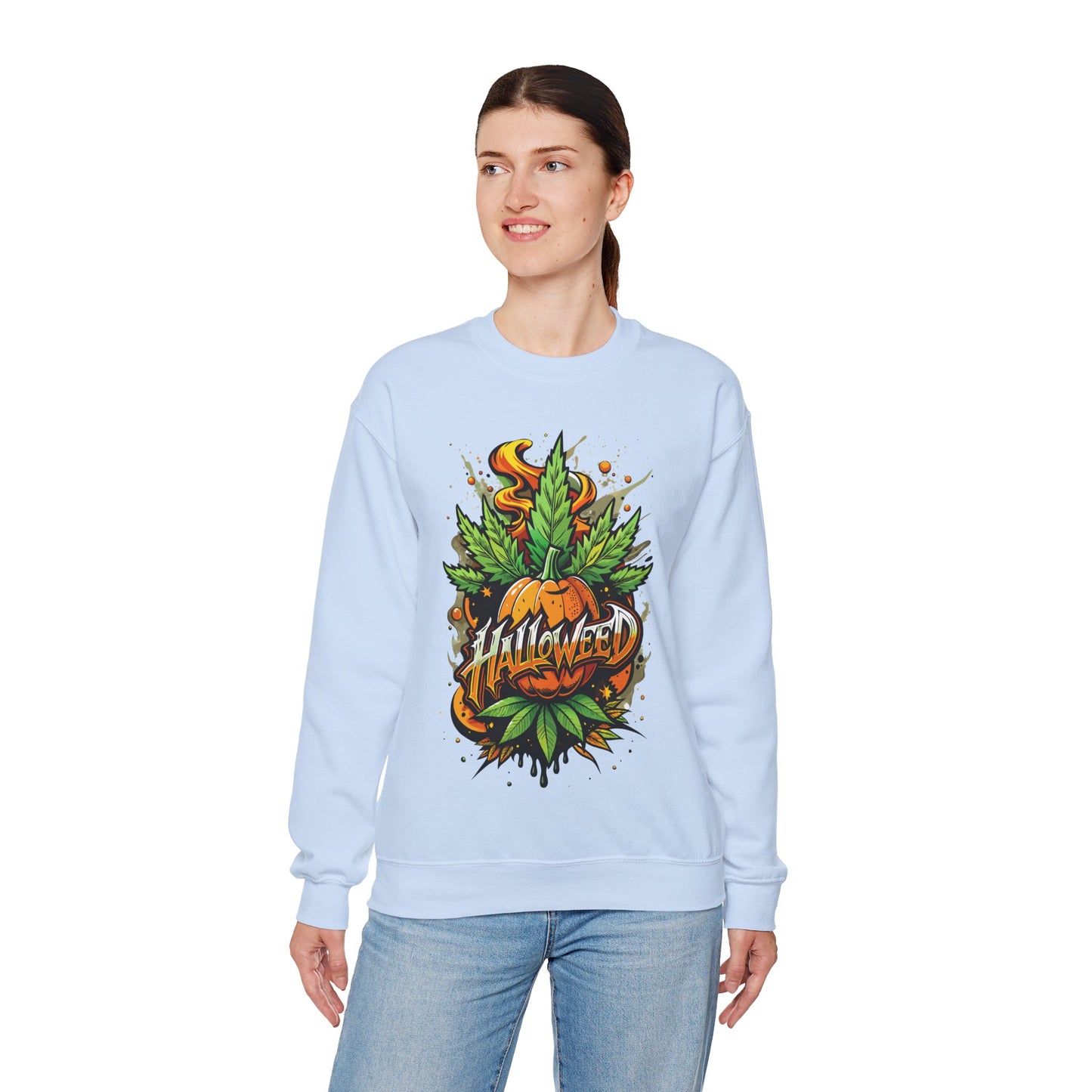 Halloween Pumpkin Graphic Sweatshirt — 'Halloween' Pumpkin & Leaves Illustration