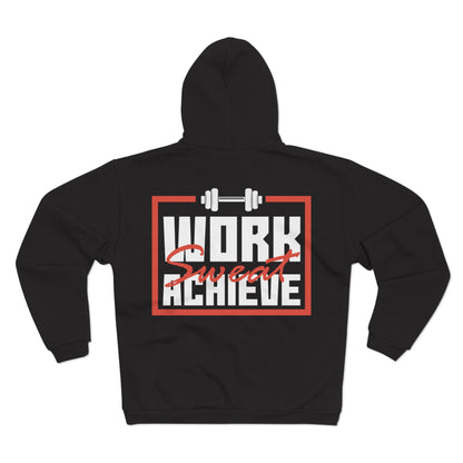 Unisex Hooded Zip Sweatshirt - "Work, Sweat, Achieve" Motivational Gym Hoodie
