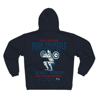Motivational Fitness Unisex Hooded Zip Sweatshirt - 'Push Yourself' Graphic'
