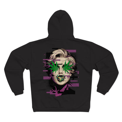 Vintage Portrait Zip Hoodie — Glitch Art Face with Cannabis Leaf Mask