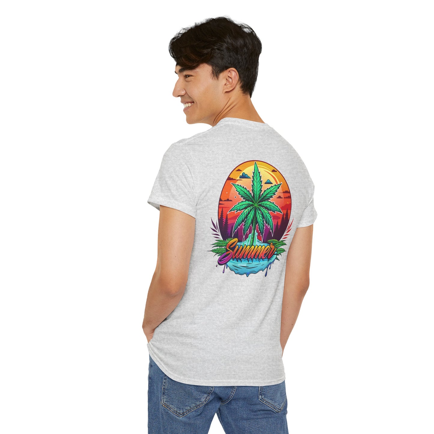 Summer Cannabis Leaf T-Shirt – Retro Tropical Sunset Tee Both
