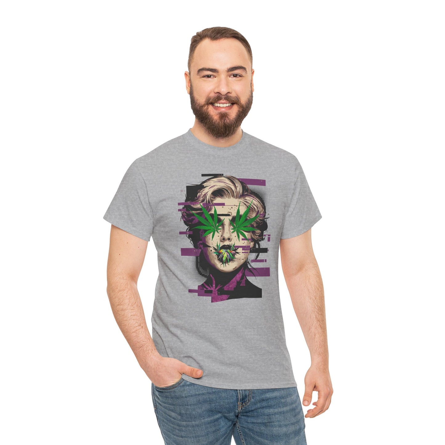 Vintage Portrait Tee — Glitch Art Face with Cannabis Leaf Mask