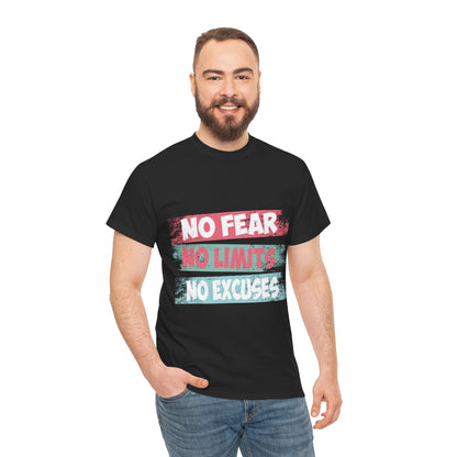 Inspiring Motivational Tee - Unisex Heavy Cotton Shirt with 'No Fear, No Limits, No Excuses' Design