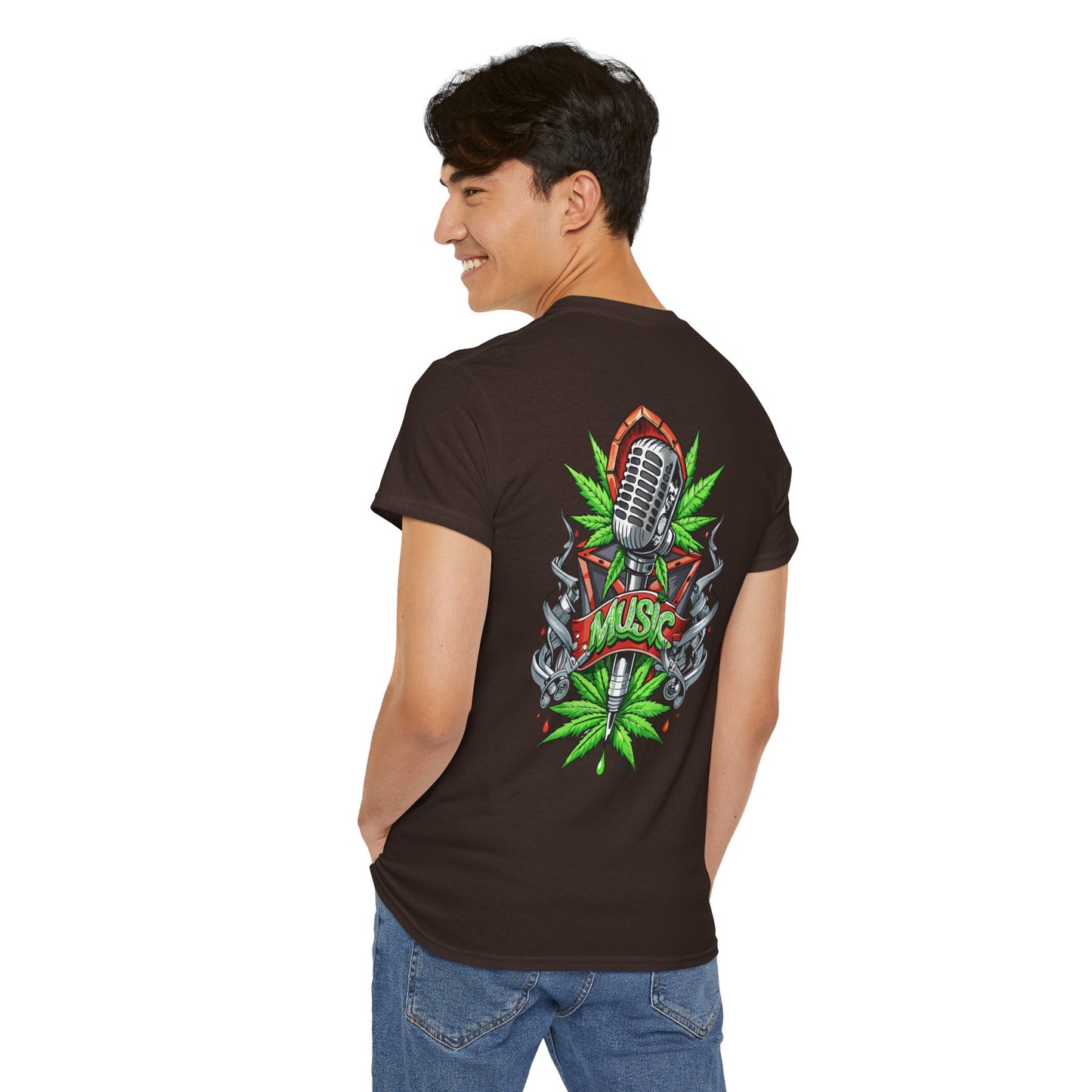 Music Microphone Tee — Retro Mic & Leaf Graphic T-Shirt