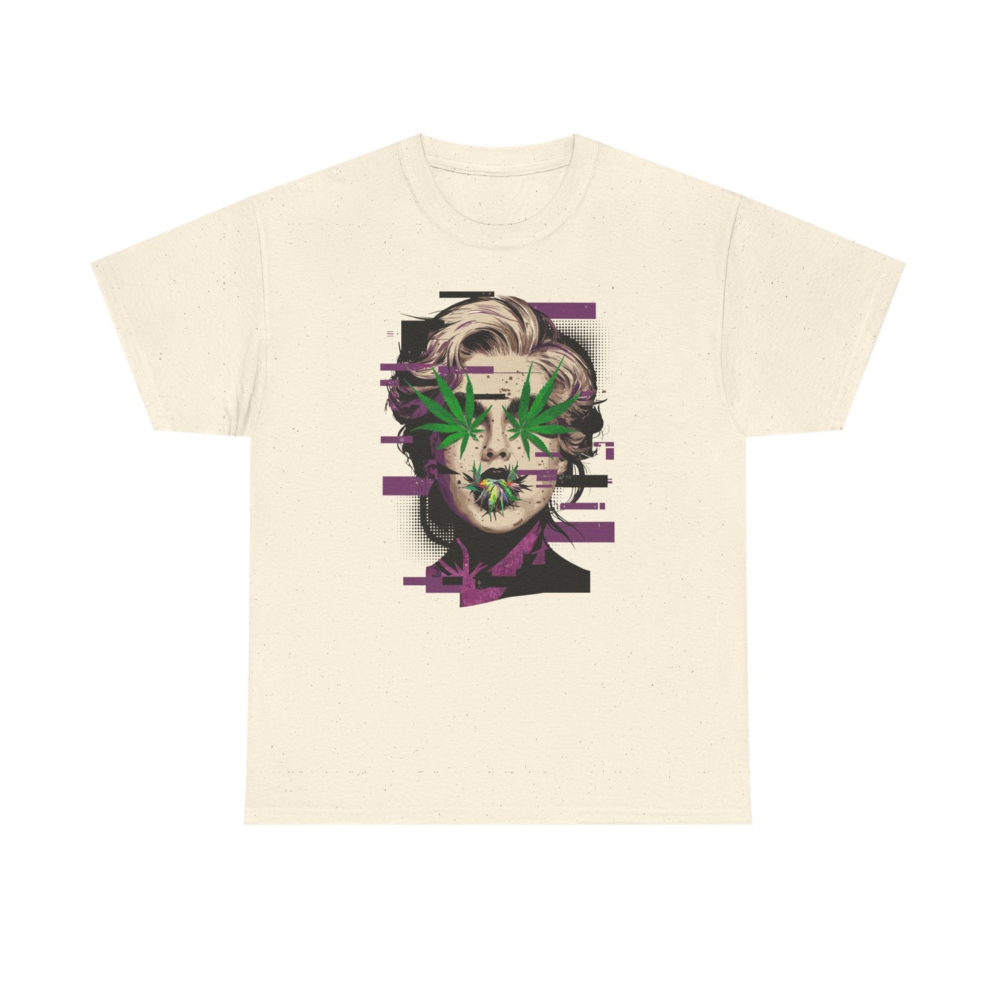 Vintage Portrait Tee — Glitch Art Face with Cannabis Leaf Mask