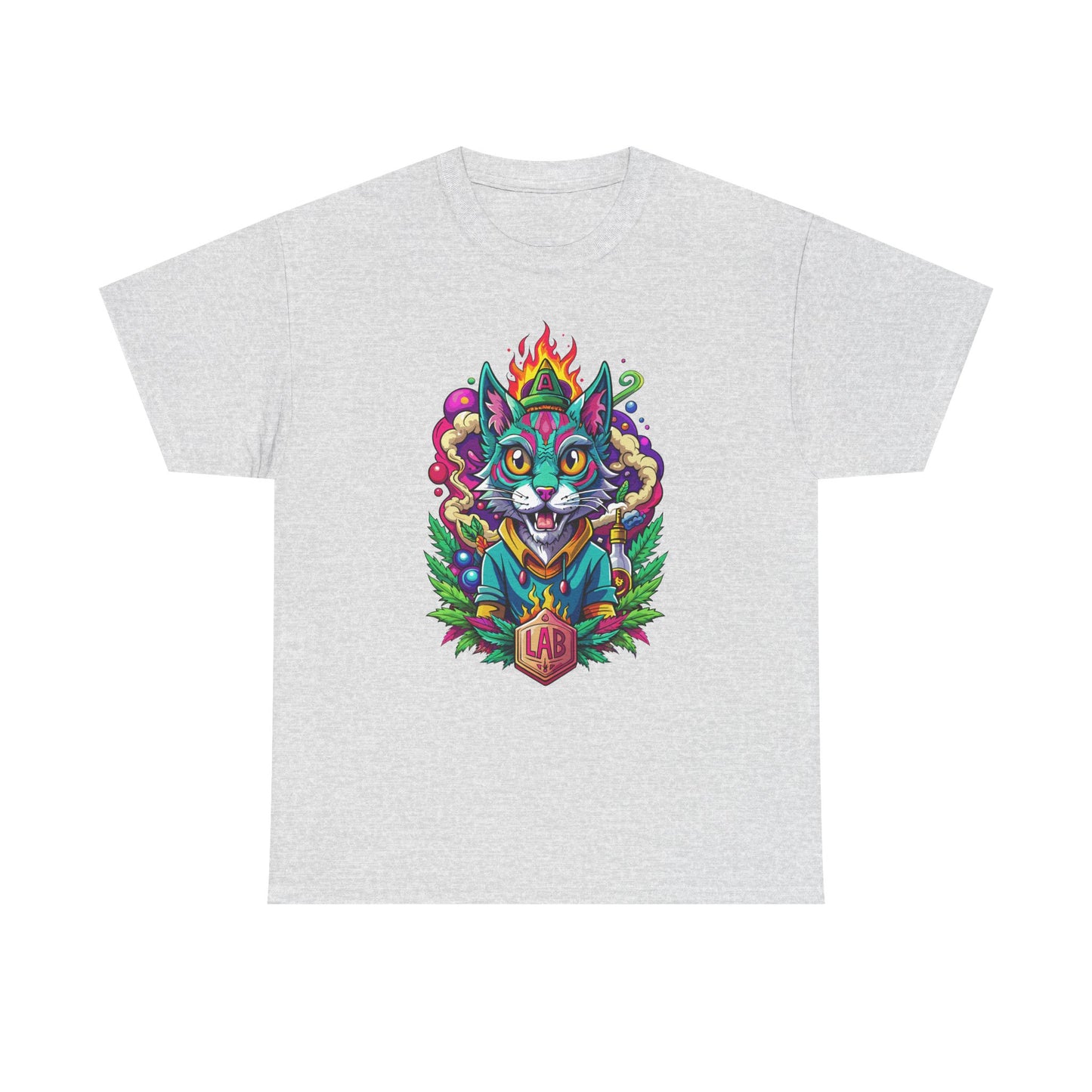 Psychedelic Flame Cat Graphic Tee — Colorful Trippy Cat Design