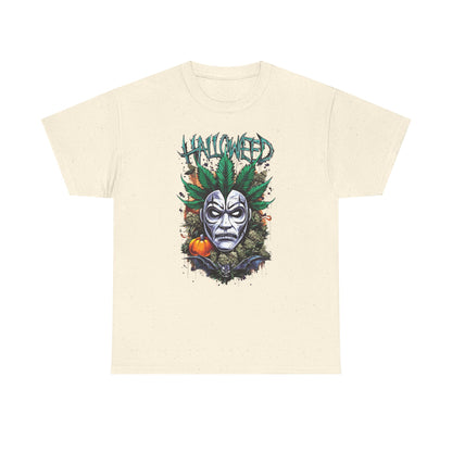 Hallowed Harvest Tee — Halloween Mask & Pumpkin Graphic T-Shirt