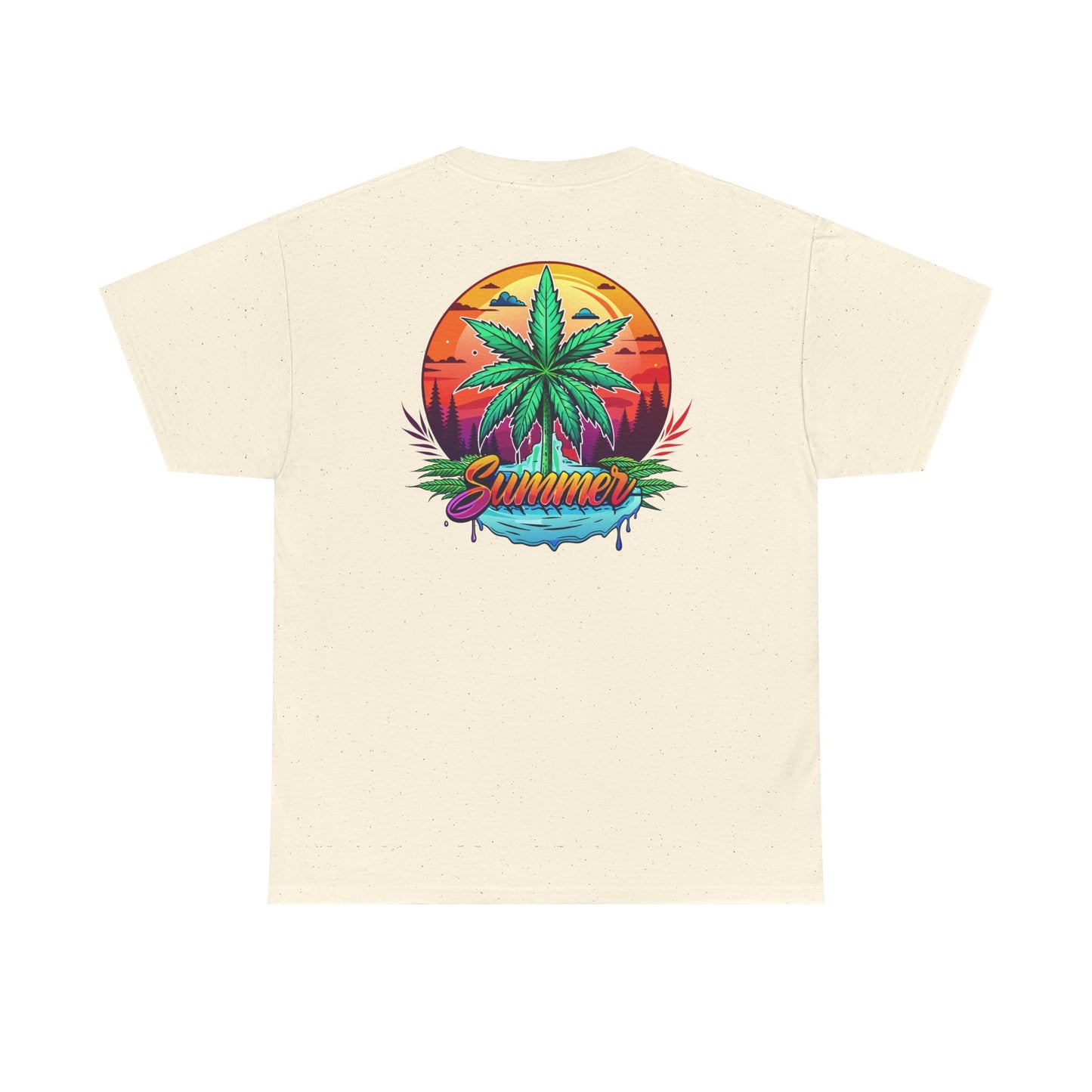 Summer Cannabis Leaf T-Shirt – Retro Tropical Sunset Tee Both
