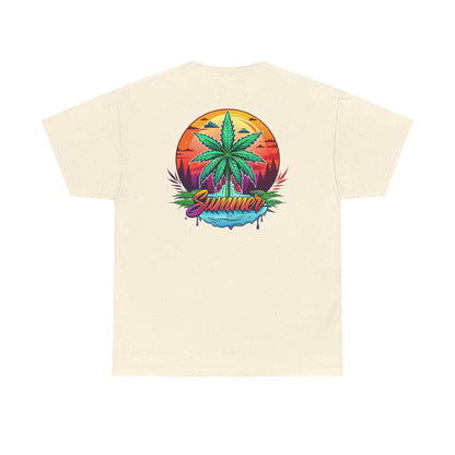 Summer Cannabis Leaf T-Shirt – Retro Tropical Sunset Tee Both