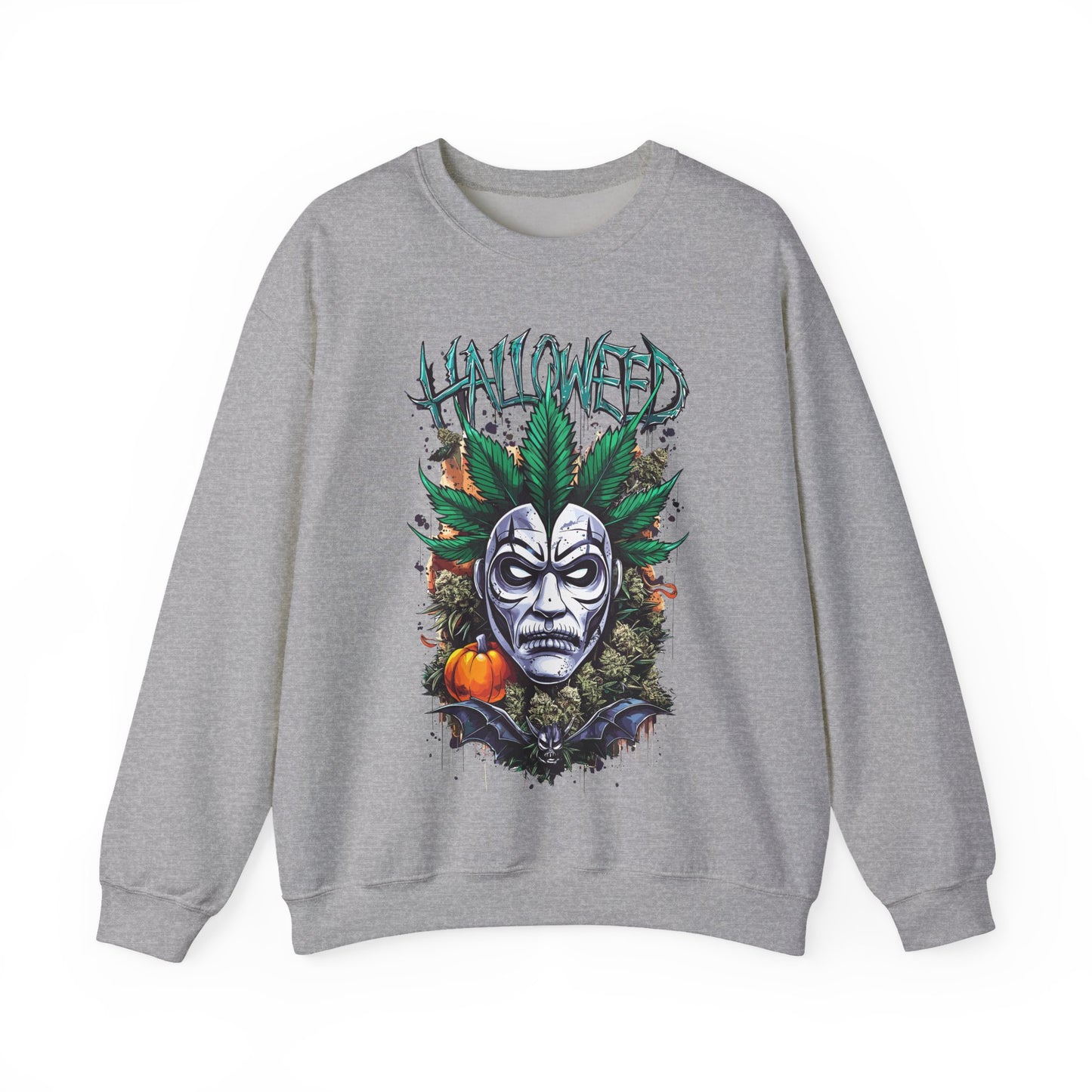 Hallowed Harvest — Halloween Mask & Pumpkin Graphic Sweatshirt