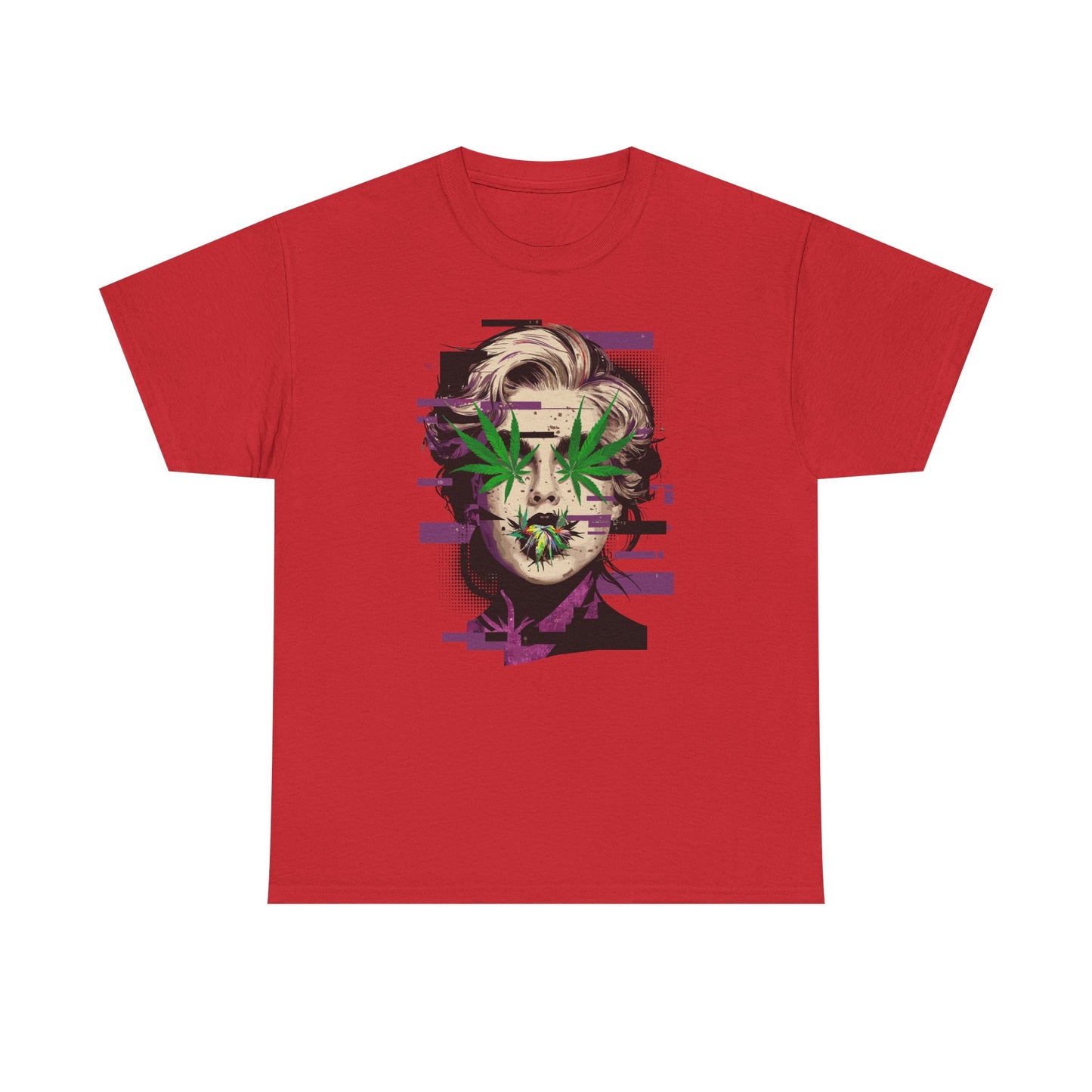 Vintage Portrait Tee — Glitch Art Face with Cannabis Leaf Mask