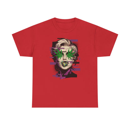 Vintage Portrait Tee — Glitch Art Face with Cannabis Leaf Mask