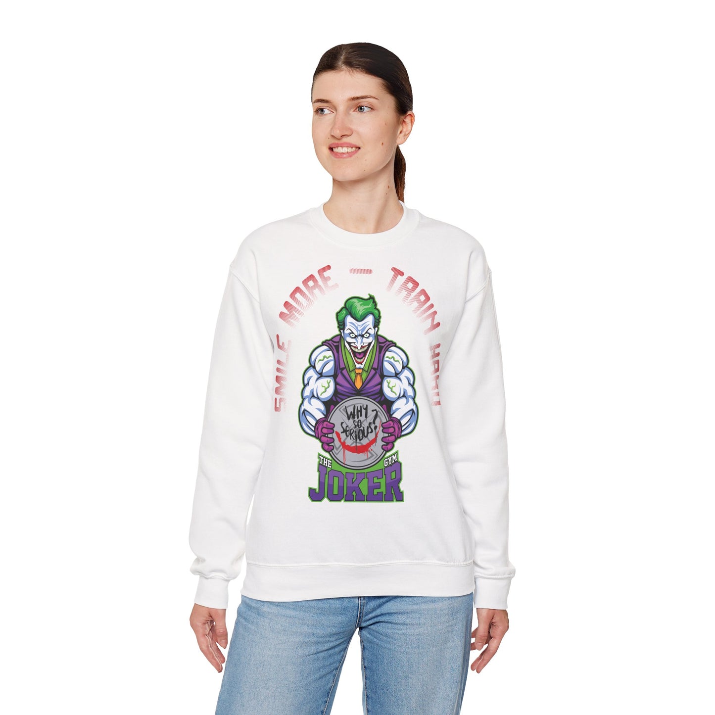 Unisex Joker-Inspired Crewneck Sweatshirt - 'Smile More, Train Hard' White