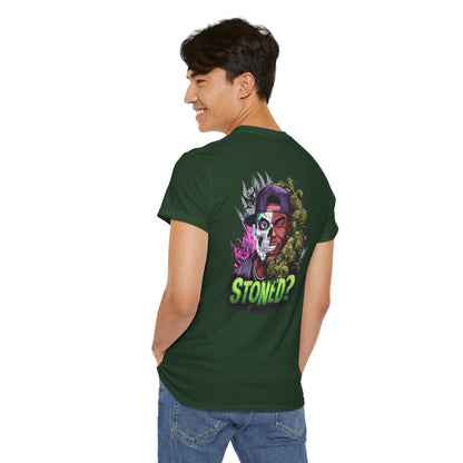 T-Shirt — 'Stoned?' Skull Face Graphic Tee for Cannabis Lovers