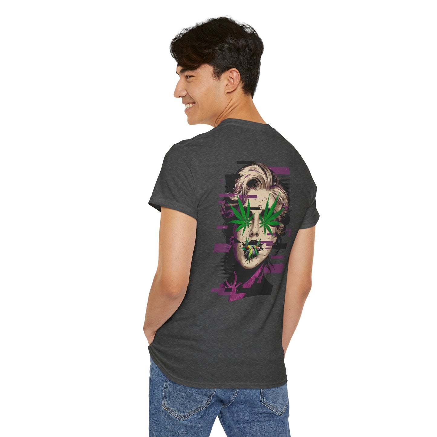 Vintage Portrait Tee — Glitch Art Face with Cannabis Leaf Mask