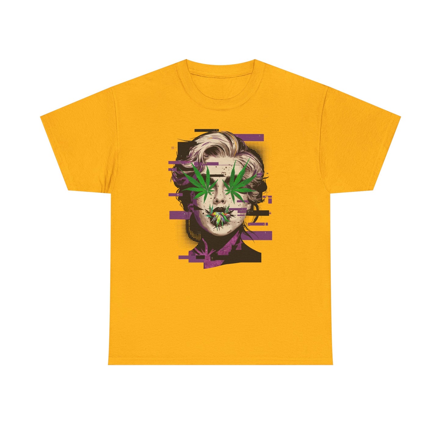 Vintage Portrait Tee — Glitch Art Face with Cannabis Leaf Mask