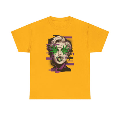 Vintage Portrait Tee — Glitch Art Face with Cannabis Leaf Mask