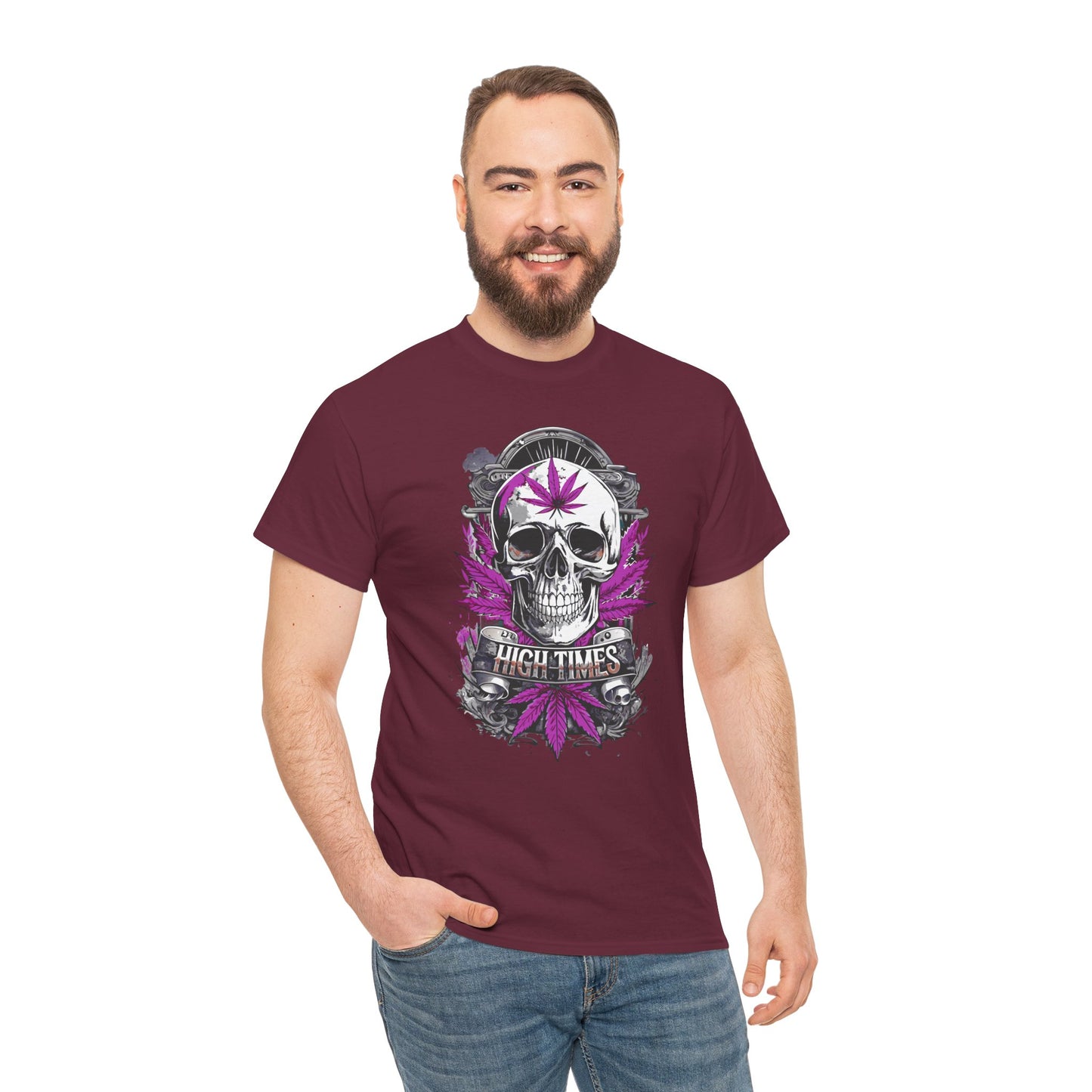 Skull & Purple Cannabis Leaf Tee - "High Times" Graphic T-Shirt