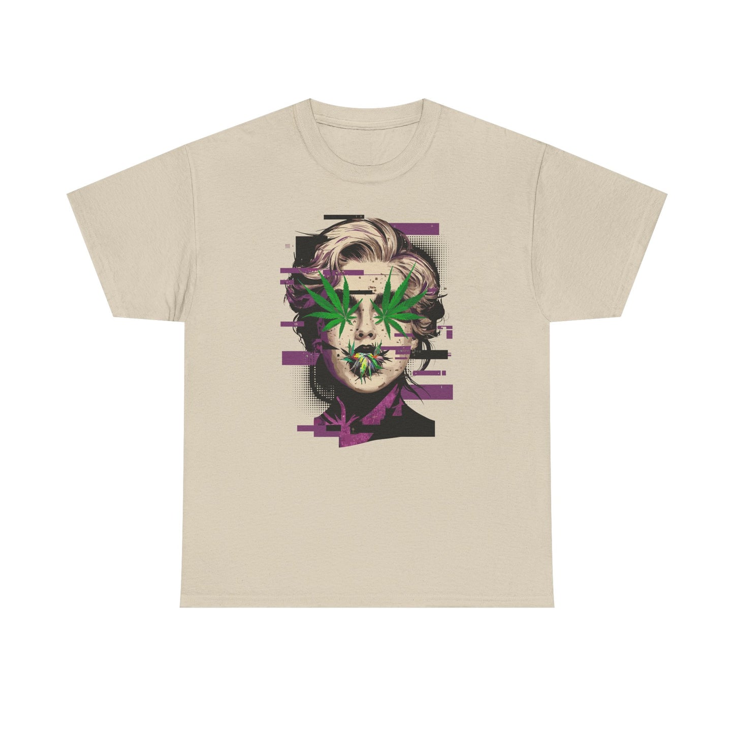 Vintage Portrait Tee — Glitch Art Face with Cannabis Leaf Mask