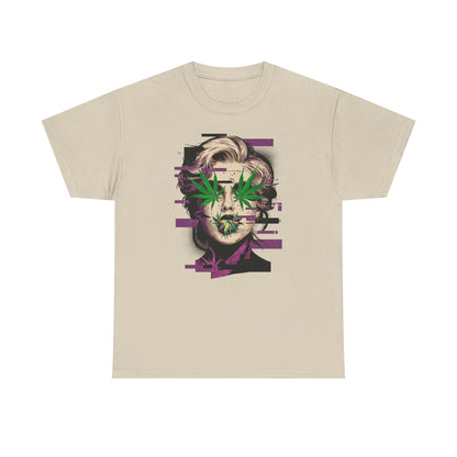 Vintage Portrait Tee — Glitch Art Face with Cannabis Leaf Mask