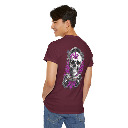 Skull & Purple Cannabis Leaf Tee - "High Times" Graphic T-Shirt Both