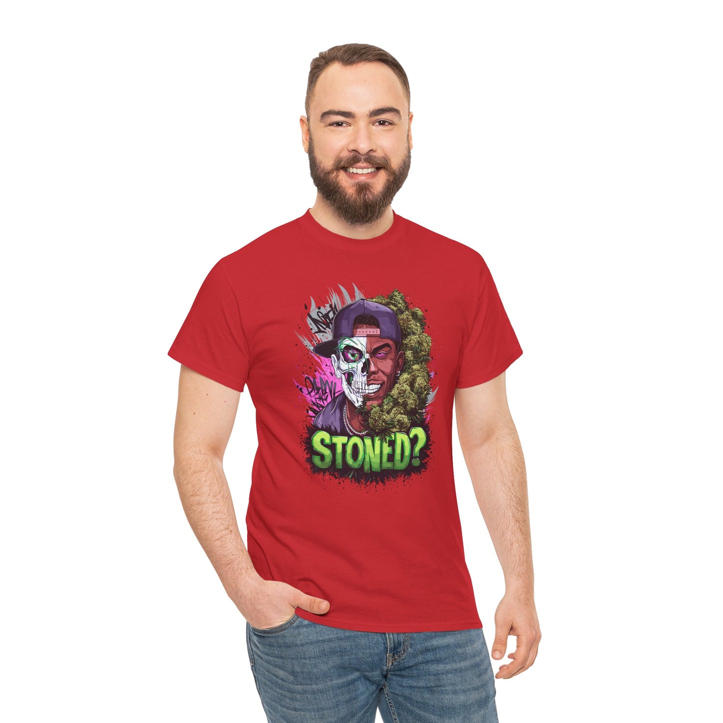 T-Shirt — 'Stoned?' Skull Face Graphic Tee for Cannabis Lovers