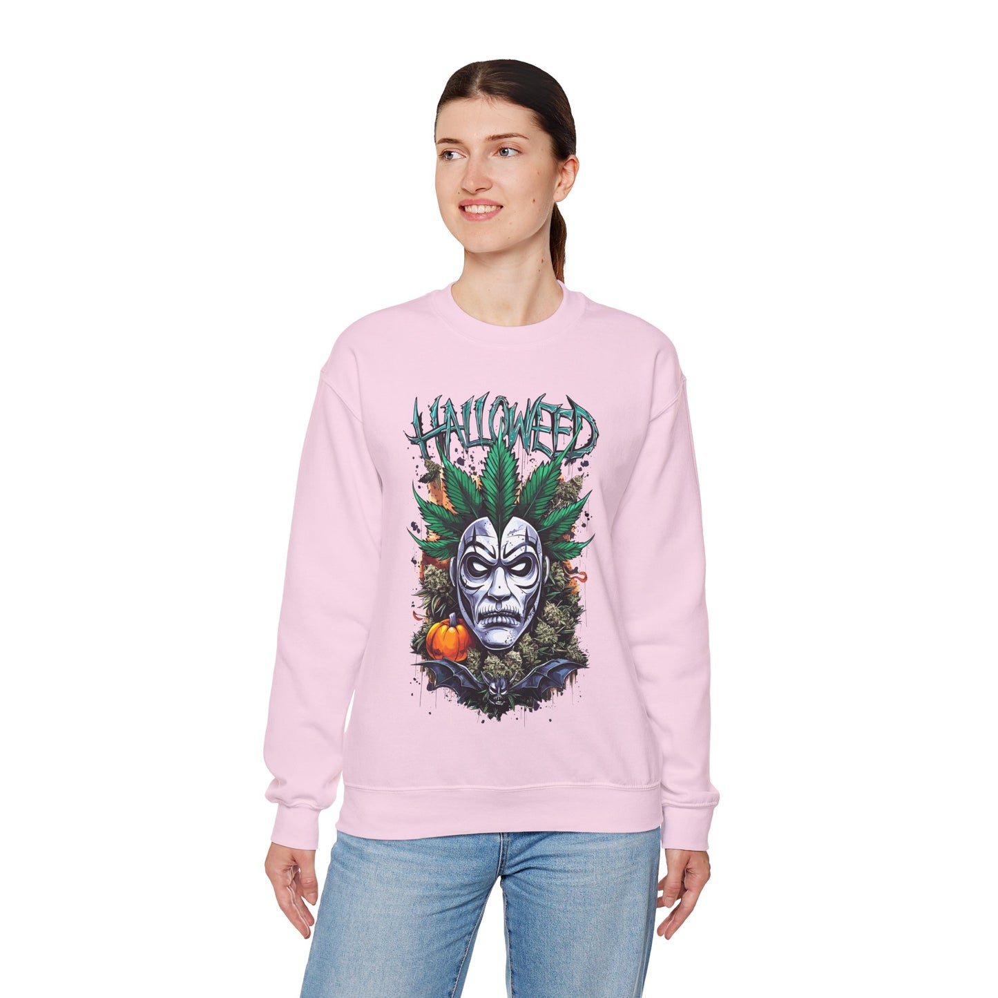 Hallowed Harvest — Halloween Mask & Pumpkin Graphic Sweatshirt