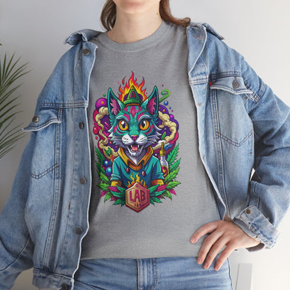 Psychedelic Flame Cat Graphic Tee — Colorful Trippy Cat Design