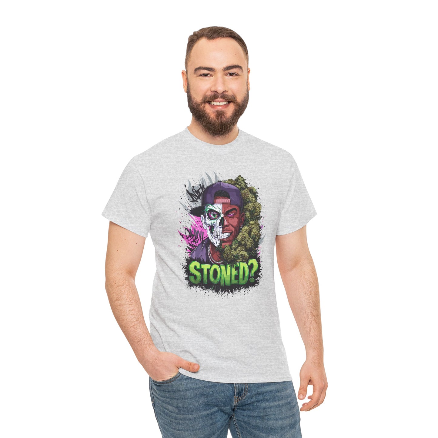 T-Shirt — 'Stoned?' Skull Face Graphic Tee for Cannabis Lovers