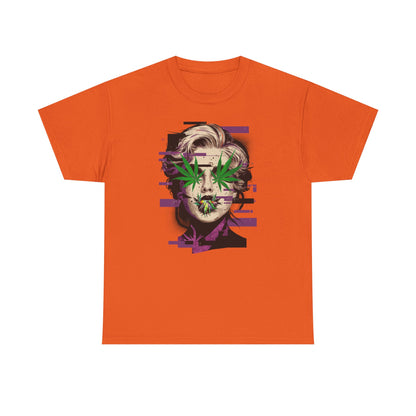 Vintage Portrait Tee — Glitch Art Face with Cannabis Leaf Mask