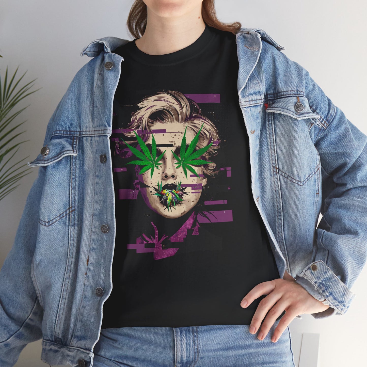 Vintage Portrait Tee — Glitch Art Face with Cannabis Leaf Mask