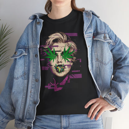 Vintage Portrait Tee — Glitch Art Face with Cannabis Leaf Mask