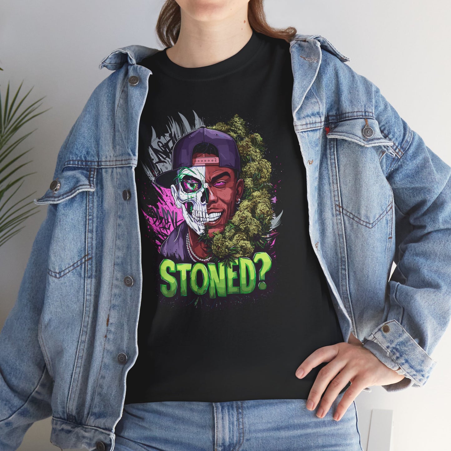 T-Shirt — 'Stoned?' Skull Face Graphic Tee for Cannabis Lovers