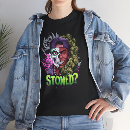 T-Shirt — 'Stoned?' Skull Face Graphic Tee for Cannabis Lovers